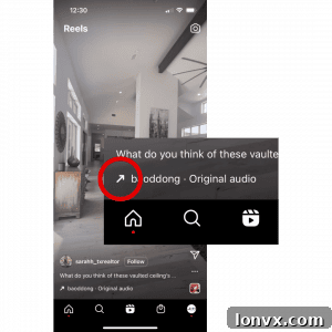 Screenshot showing the upward-facing arrow for trending sounds on Instagram Reels