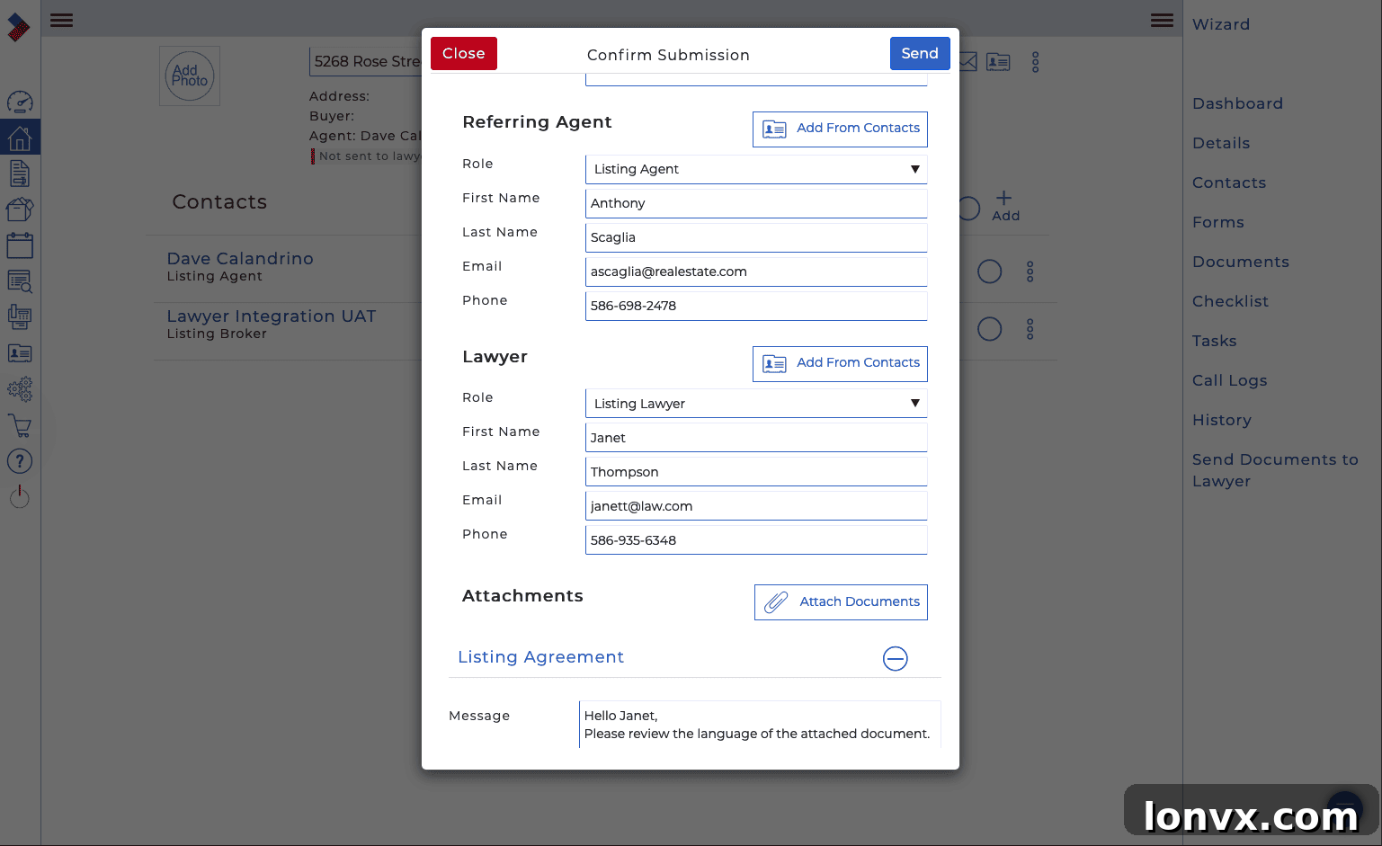 Screenshot depicting the Lone Wolf and Dye & Durham integration within CREA WebForms, showing an intuitive interface for managing legal instructions.
