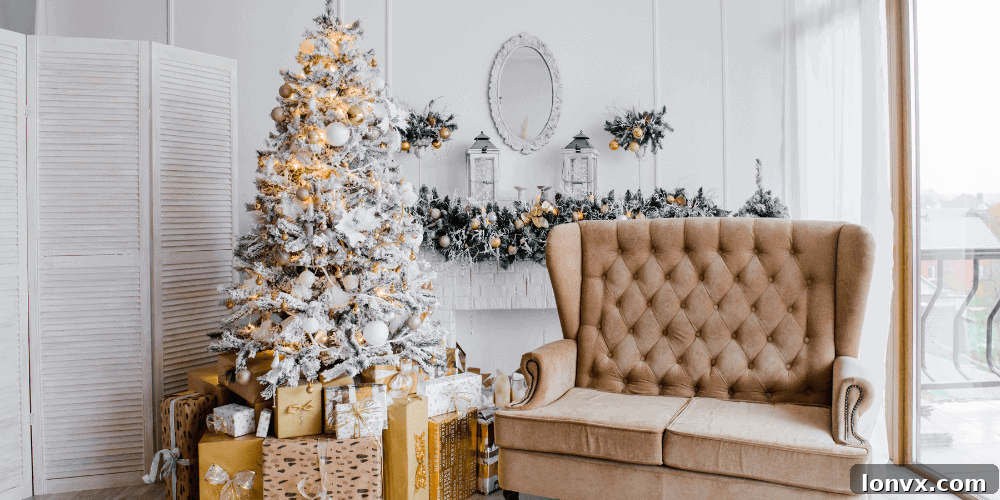 A beautifully decorated living room ready for a holiday house tour, featuring festive accents and cozy furniture.