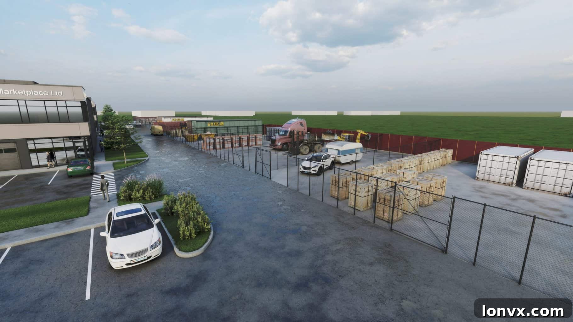 Artist rendering of 1620 Claybar Road, Ancaster Business Park, showing modern industrial units with outside storage.