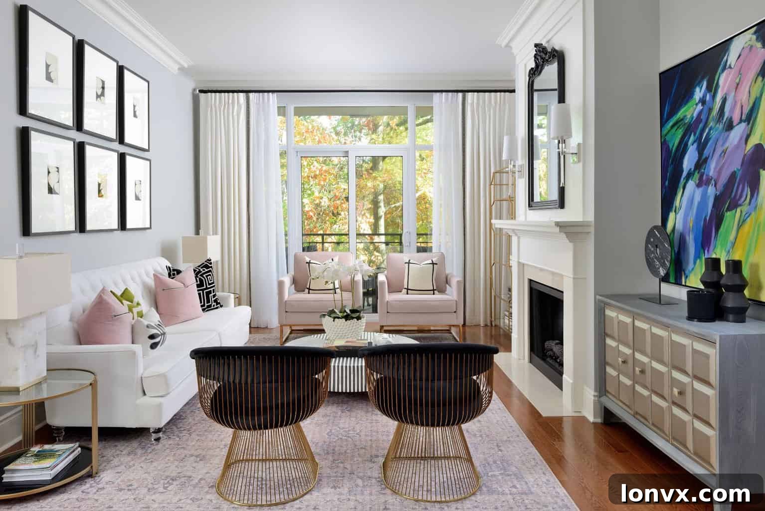 A beautifully designed living room blending antique and modern elements. An old mirror with a new coat of paint hangs above a fireplace, flanked by contemporary furniture in a neutral palette.