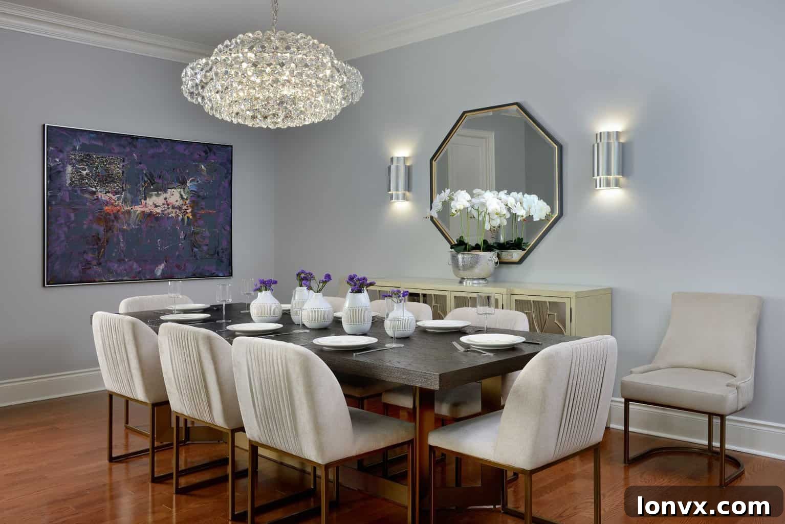 A luxurious dining room featuring a grand antique Venetian chandelier hanging above a modern dining table, surrounded by elegant chairs.