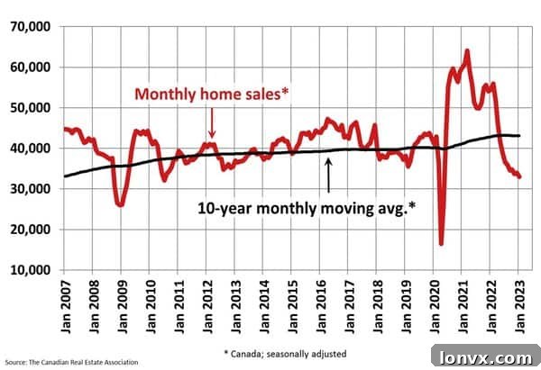 Monthly home sales chart from the Canadian Real Estate Association showing historical market cycles.