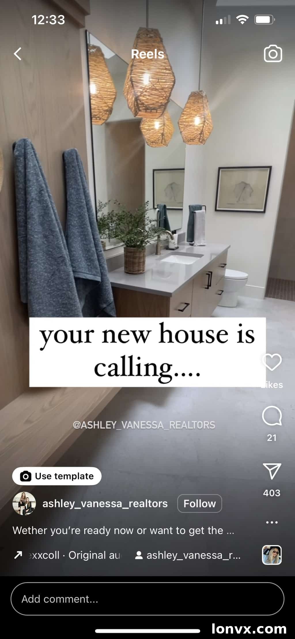 Real estate team using the 'Your New Home is Calling' Reel template for branding and client connection.