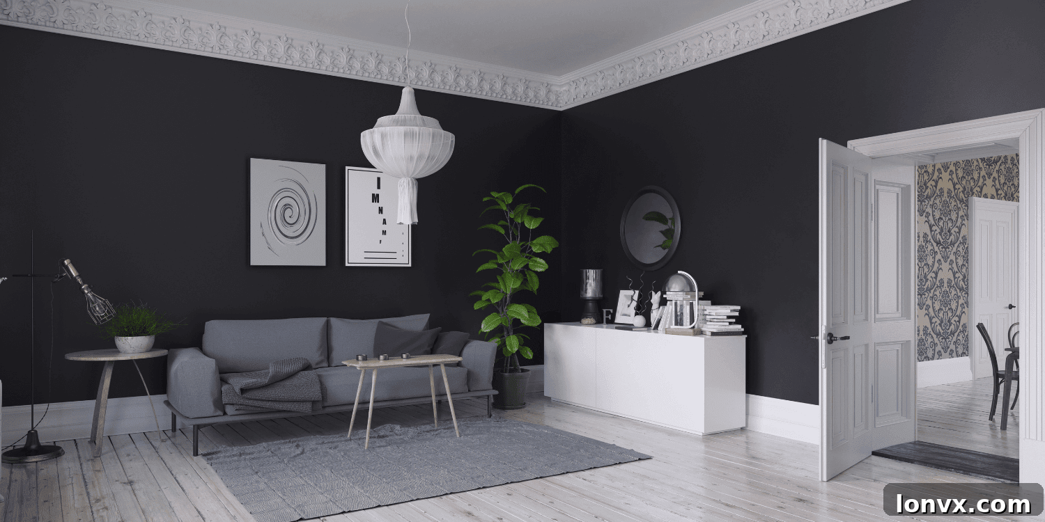 A dining room with a dark floral wallpaper accent wall, a minimalist wooden dining table, and modern chairs.