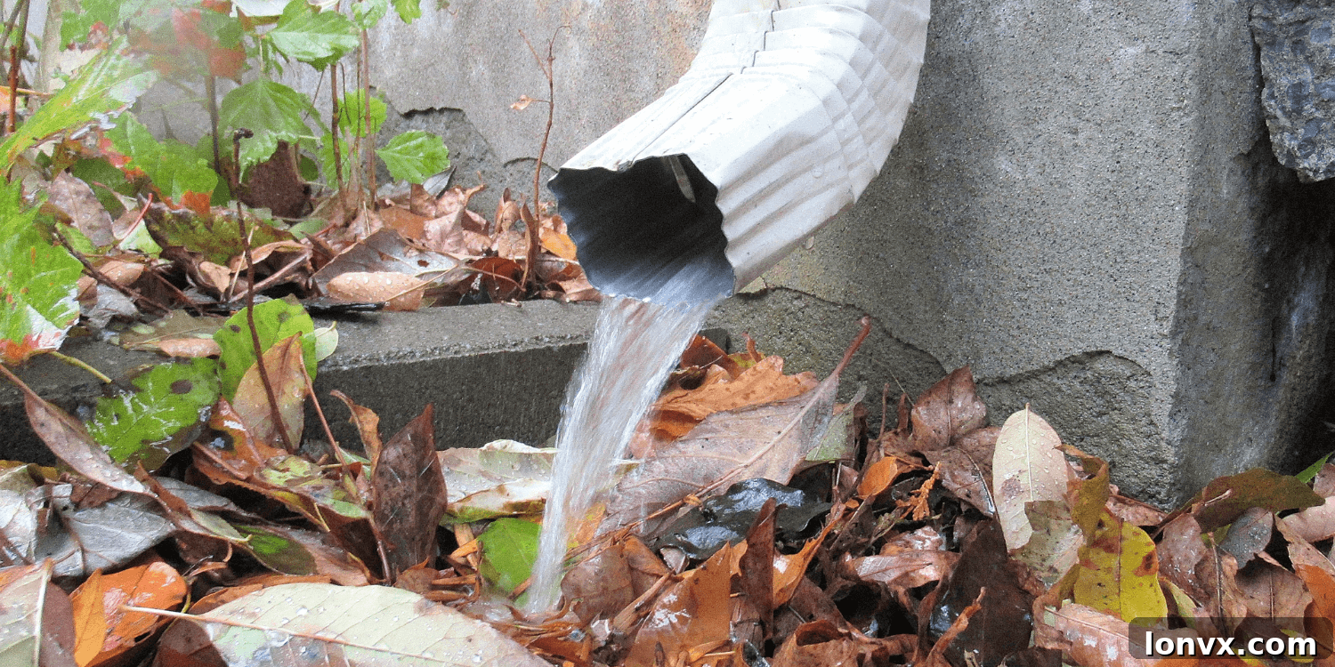 Short downspout discharging water too close to the foundation, causing soil saturation.