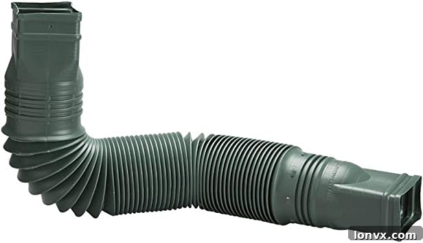 Example of a flexible downspout extension readily available for effective water diversion from foundations.