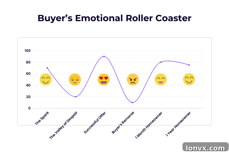 Illustration depicting the five stages of a buyer's journey: The Spark, The Valley of Despair, Successful Offer, Buyer's Remorse, Happy Homeowner