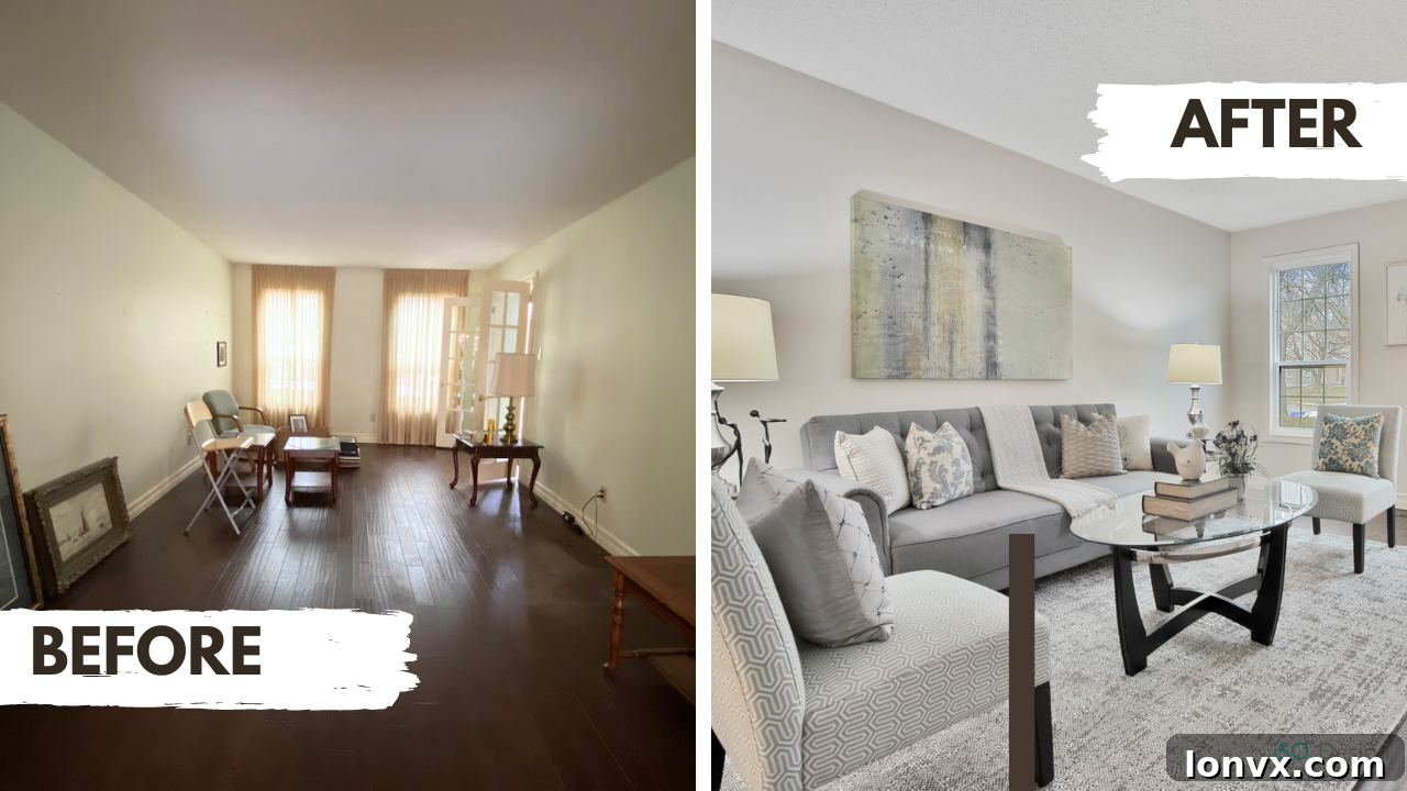 Staged dining room with a modern table and chairs, a large window, and minimalist decor, emphasizing an open and bright space.