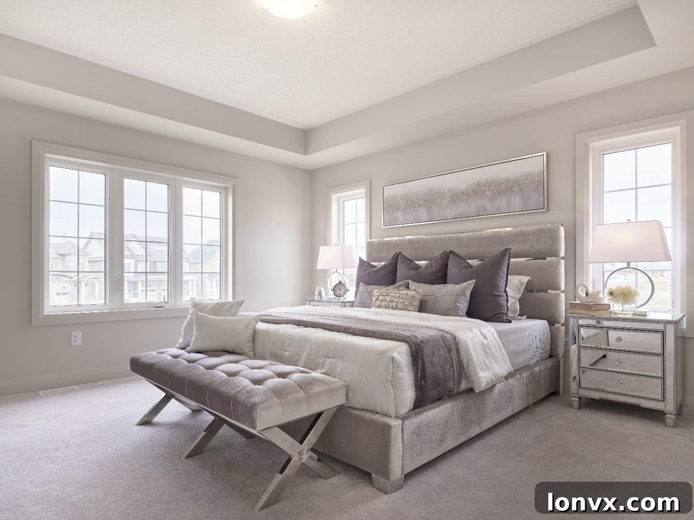A master bedroom staged with luxurious bedding, layered pillows, and warm lighting to create a cozy atmosphere.