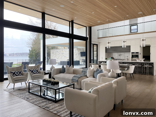 Modern living room with neutral walls, minimalist furniture, and a subtle blue accent pillow, creating a calm and inviting atmosphere.