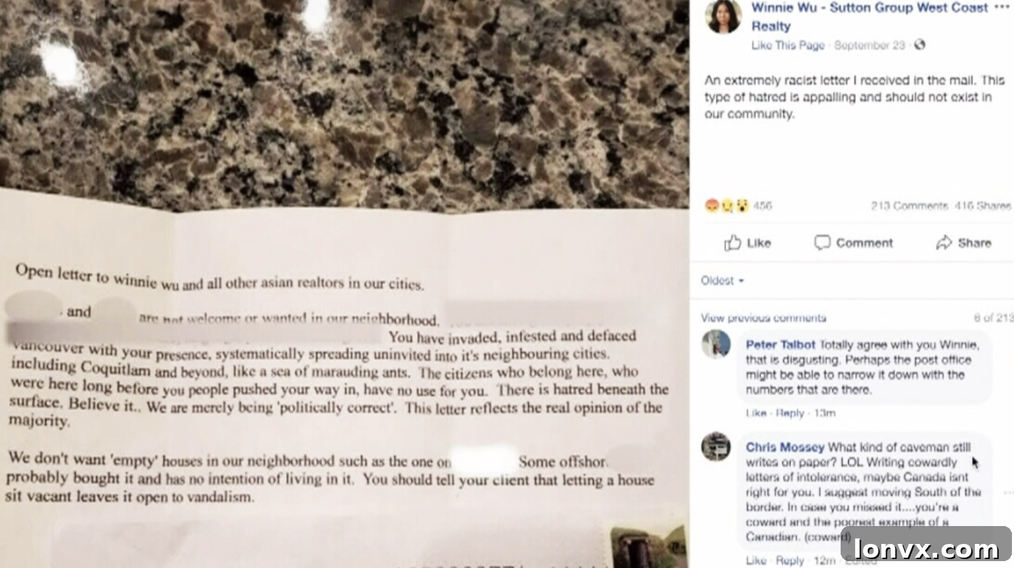 Screenshot of news article about anti-Asian letter to a realtor