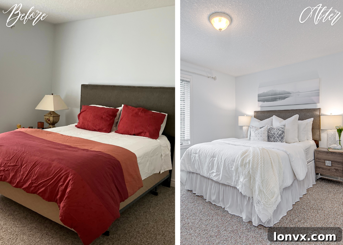 Before and after comparison of a staged bedroom, illustrating transformation from cluttered to serene.
