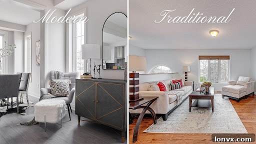 Staged living room with modern furniture and neutral tones