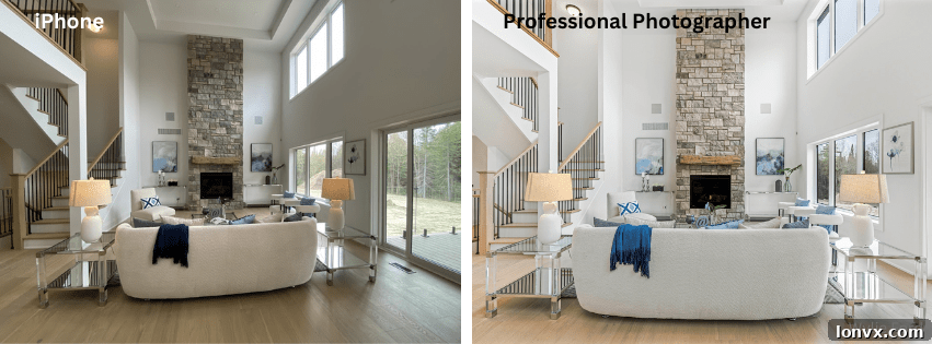 Real estate photographer capturing a professionally staged kitchen