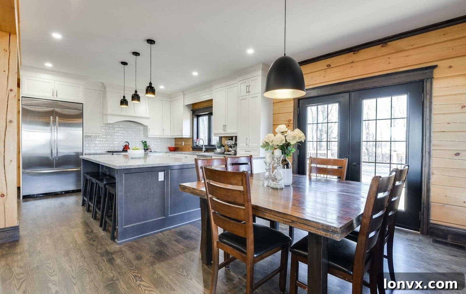 Cozy farmhouse kitchen with wooden beams and rustic decor
