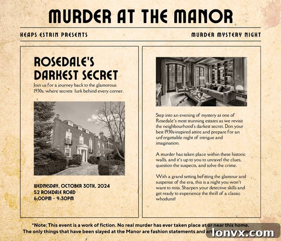 Invitation card for the 'Murder at the Manor' event, showcasing the elegant theme and details.