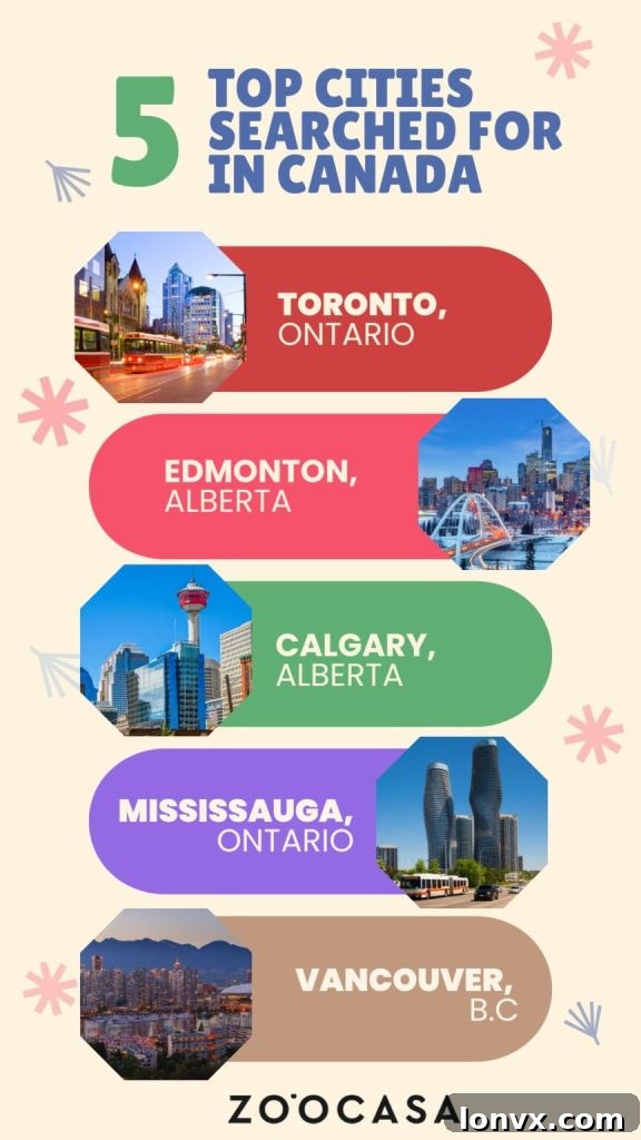 Infographic illustrating Canadian housing market trends with city data.