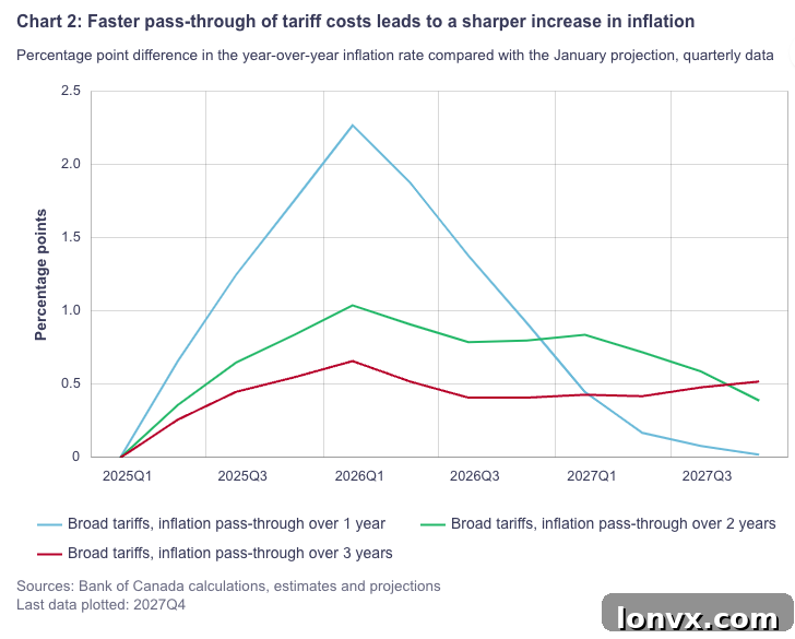 Chart indicating the potential impact of tariffs on Canadian inflation, according to the Bank of Canada.