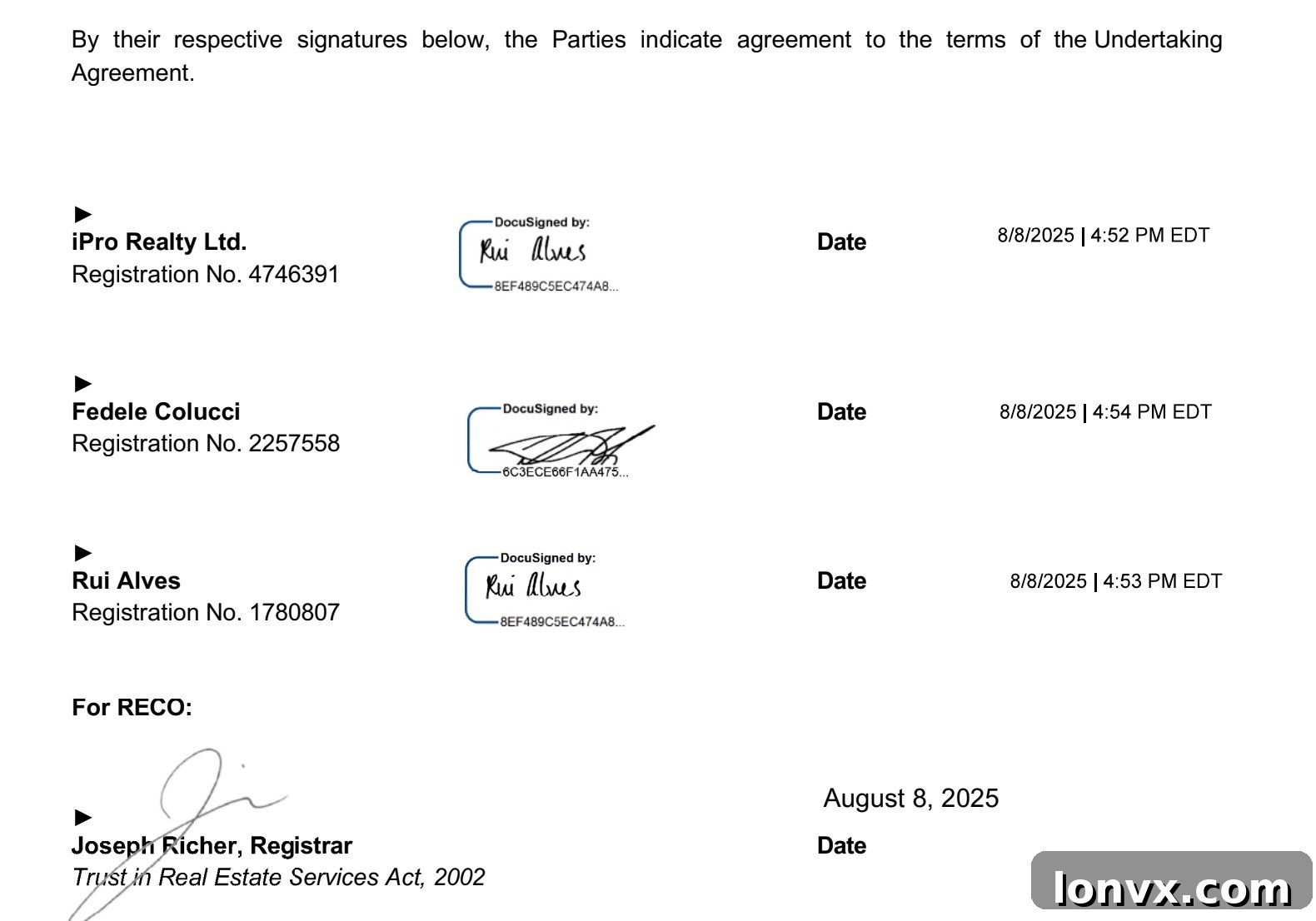RECO's Former Registrar's Deal with iPro's Colucci and Alves 2 Signature page of the undertaking agreement between RECO and iPro Realty Ltd. principals