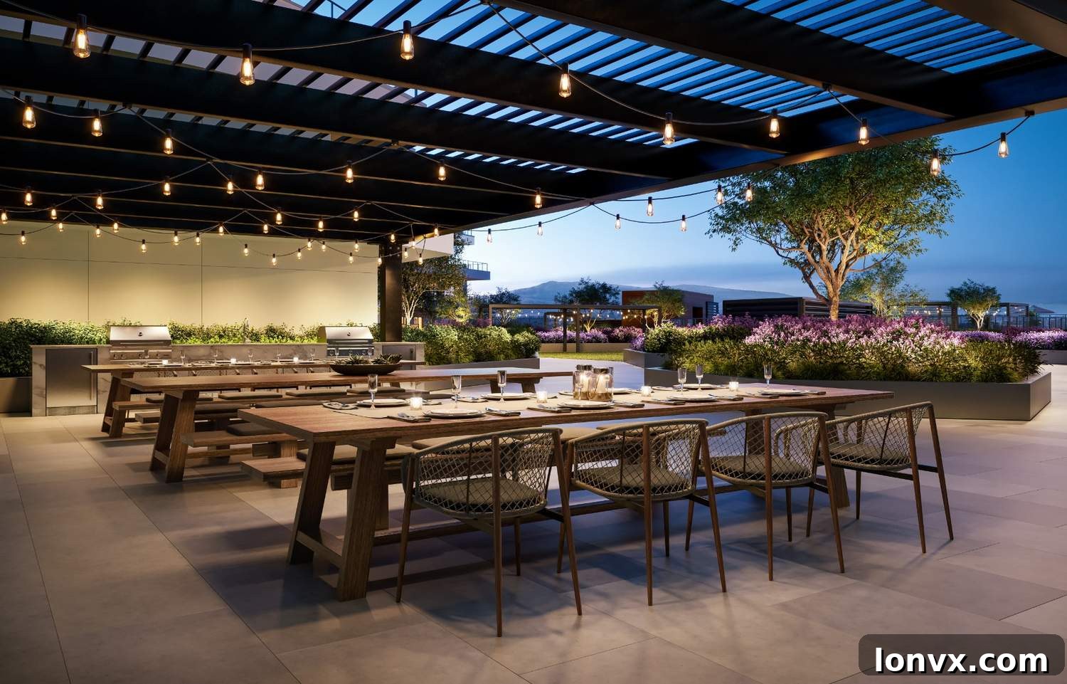 Movala's inviting outdoor dining area, showcasing modern design and spacious layout for social gatherings and relaxation.