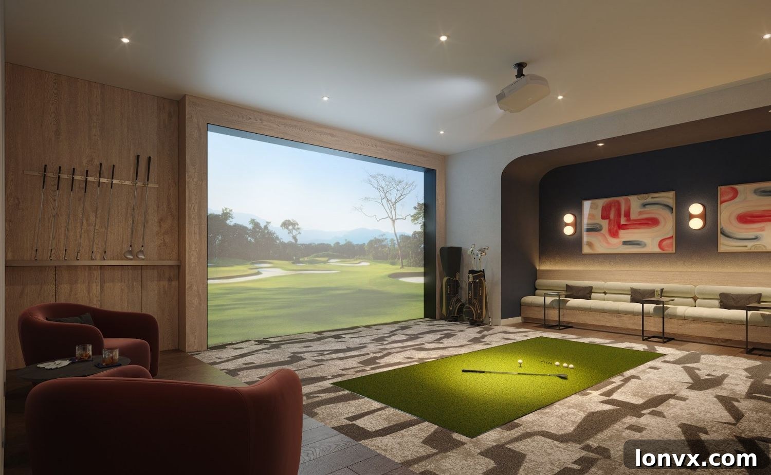 A high-tech virtual golf simulator at Livy, designed for entertainment and skill development.
