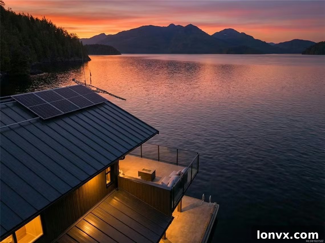Exterior view of the float home on Nootka Sound with surrounding nature